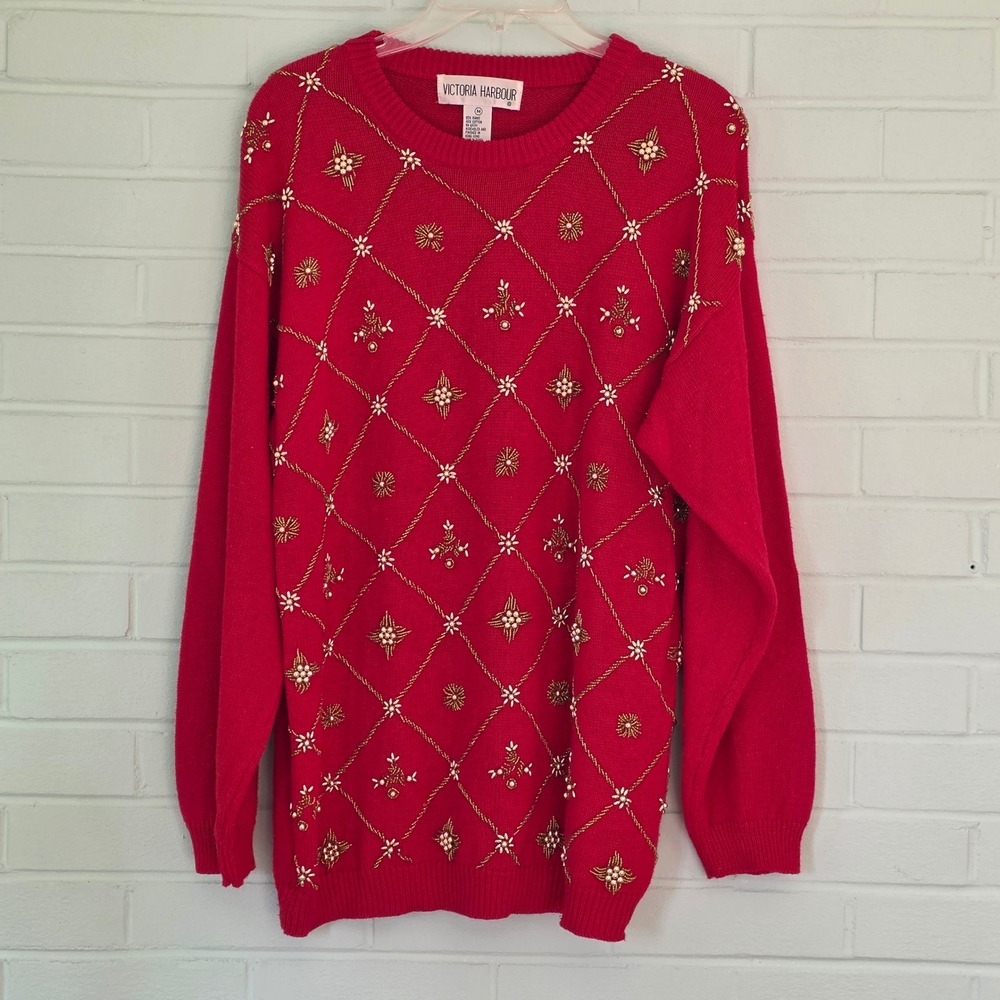 Vtg Victoria Harbour Med Red gold Beaded Christmas Sweater Womens Ramie Cotton